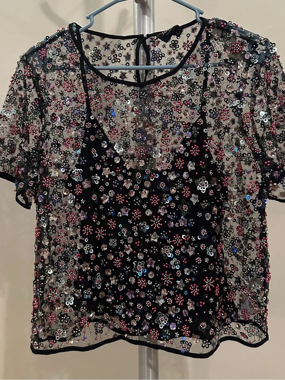 J. Crew Collection Black Sheer Beaded Floral Overlay Camisole
